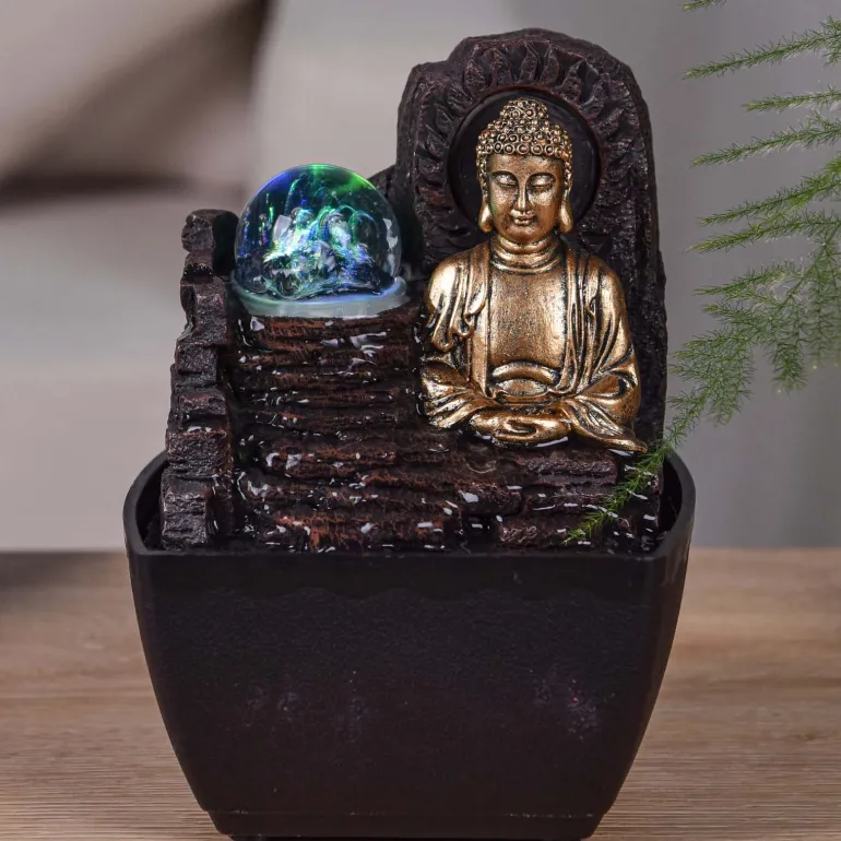Petite fontaine d'intérieure en résine avec LED bouddha Theravada