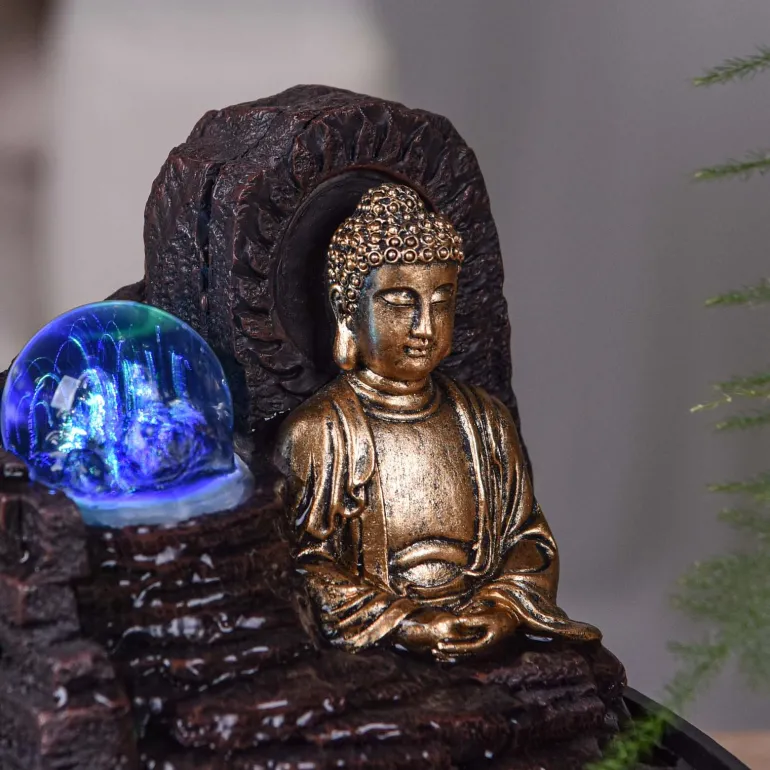Petite fontaine d'intérieure en résine avec LED bouddha Theravada