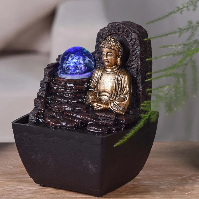 Petite fontaine d'intérieure en résine avec LED bouddha Theravada