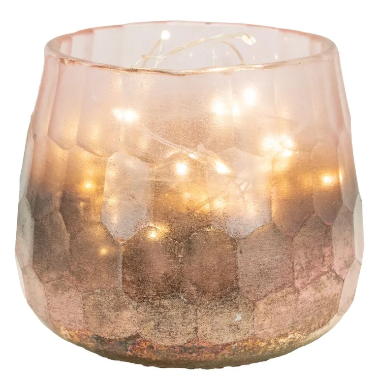 Photophore en verre teinté rose et doré 10 cm
