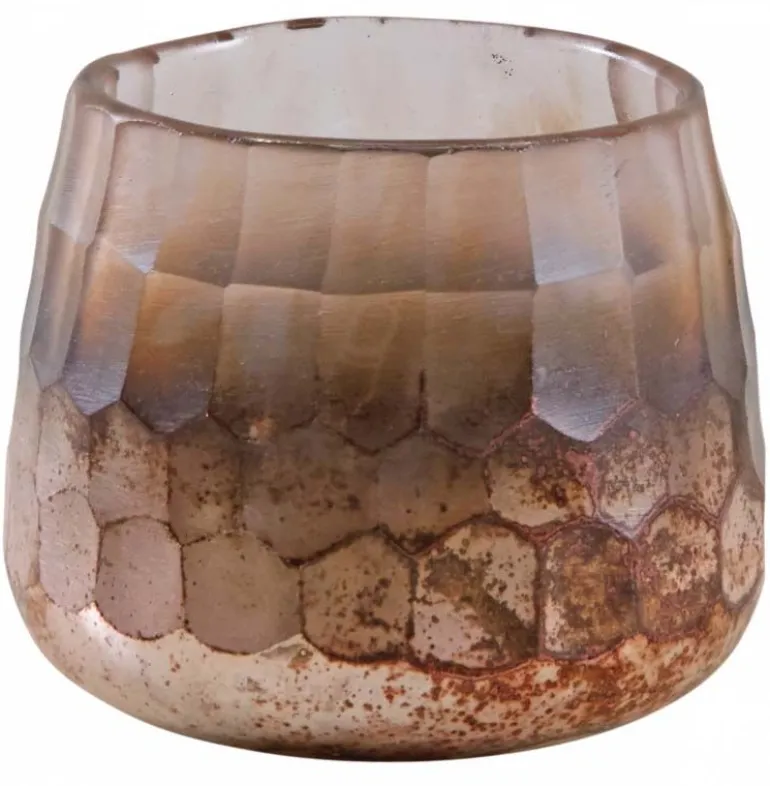 Photophore en verre teinté rose et doré 10 cm
