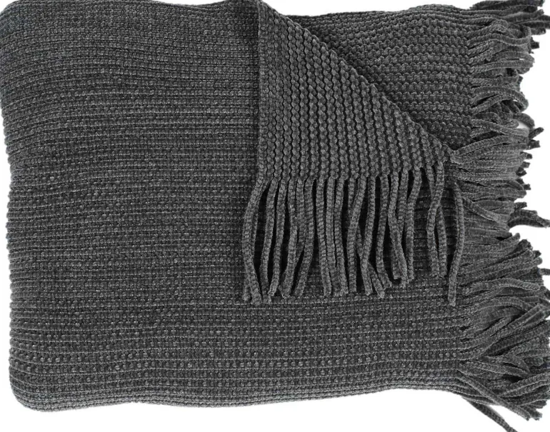 Plaid chenille en polyester avec franges 120 x 150 cm (Gris)