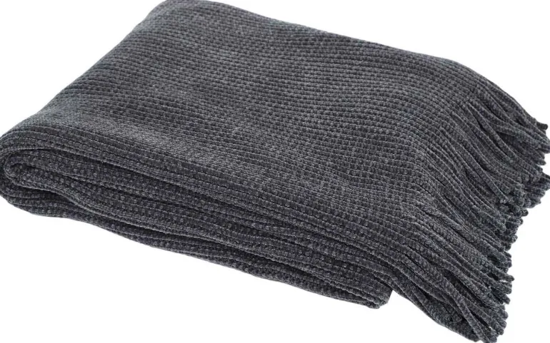 Plaid chenille en polyester avec franges 120 x 150 cm (Gris)