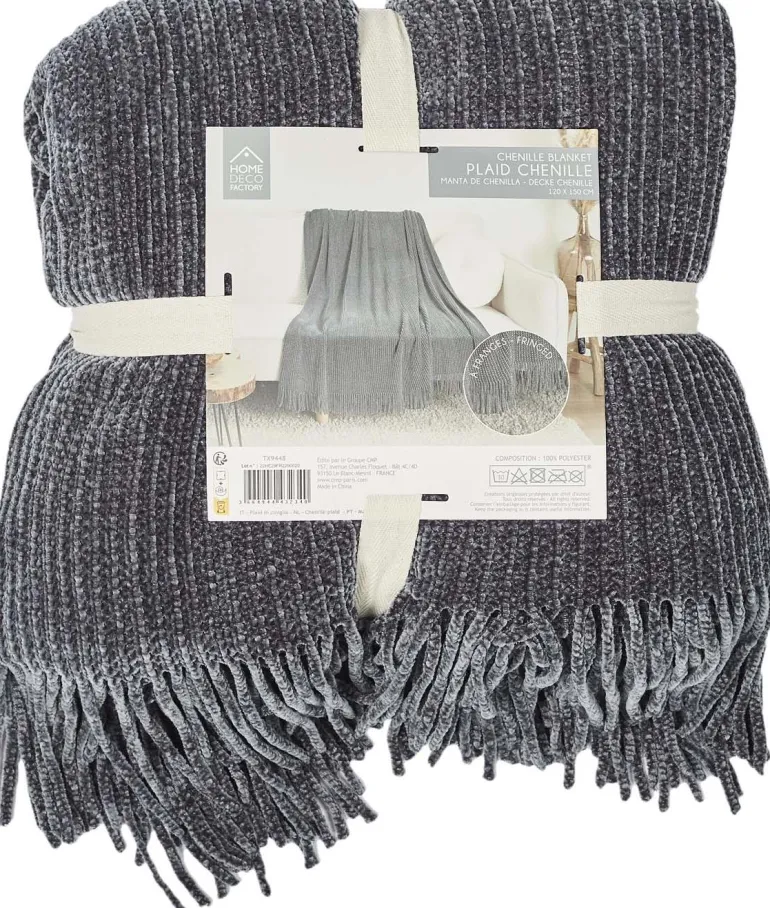 Plaid chenille en polyester avec franges 120 x 150 cm (Gris)