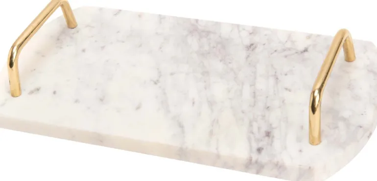 Plateau de service poignées en métal 30 x 15 cm (Marbre blanc)