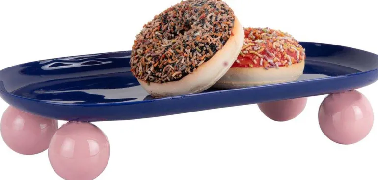Plateau oval en métal Double Funky (Bleu cobalt et rose)