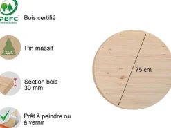 Plateau rond en pin 75 cm (Épaisseur 3 cm)