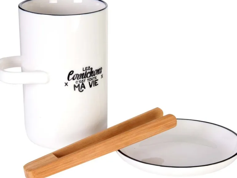 Pot à cornichon avec soucoupe et pince