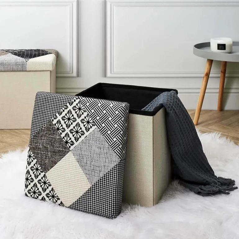 Pouf coffre pliable Patchwork gris