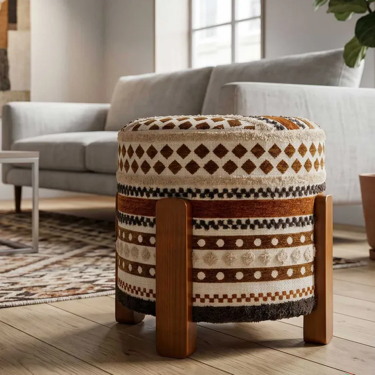 Pouf en tissu avec pieds en bois Ethnic (Modèle 1)