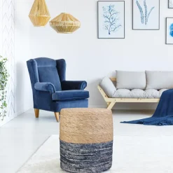 Pouf jonc de mer blue lagoon (Naturel et bleu)