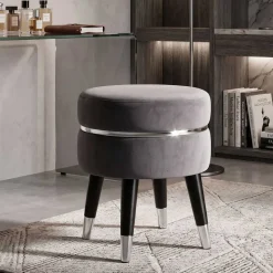 Pouf sur pieds en tissu Paris 35 x 40.5 cm (Gris - Noir et Argent)