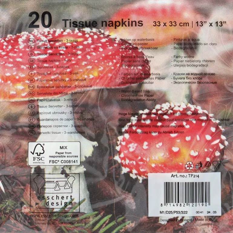Serviette en papier de soie avec motifs (Lot de 20) (Champignons et feuilles)