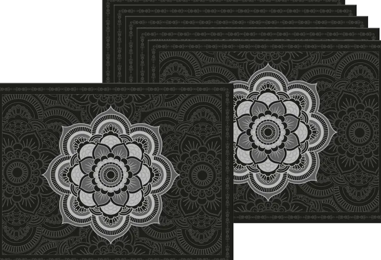 Set de table en vinyle 40 x 30 cm (Lot de 6) (Mandala noir et gris)