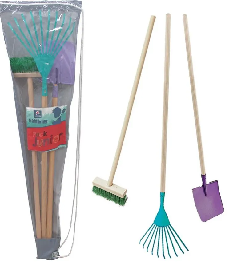Set 3 outils de jardin enfant + sac de transport (Pelle + balai + râteau)