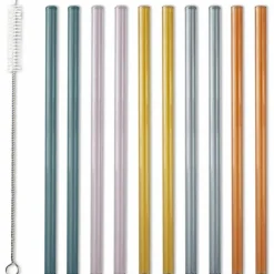 Set 10 pailles droites en verre coloré avec goupillon