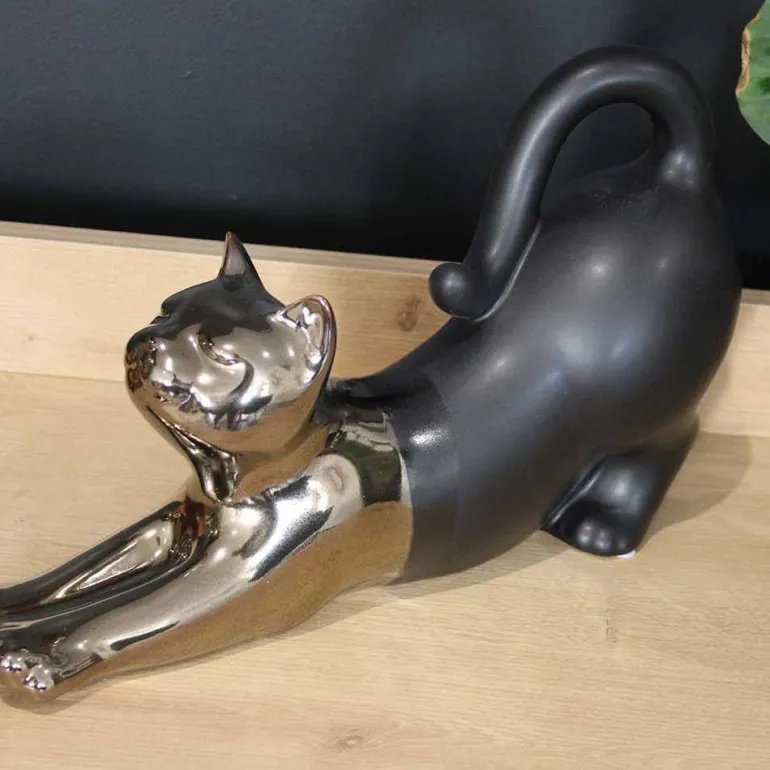 Statuette chat allongé en céramique Zoya (Noir et or)