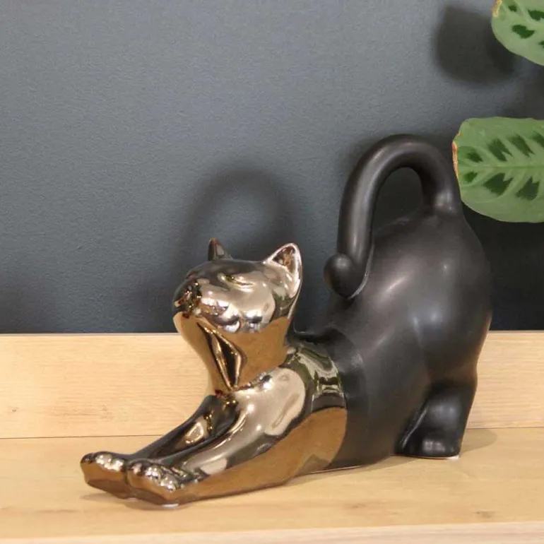 Statuette chat allongé en céramique Zoya (Noir et or)