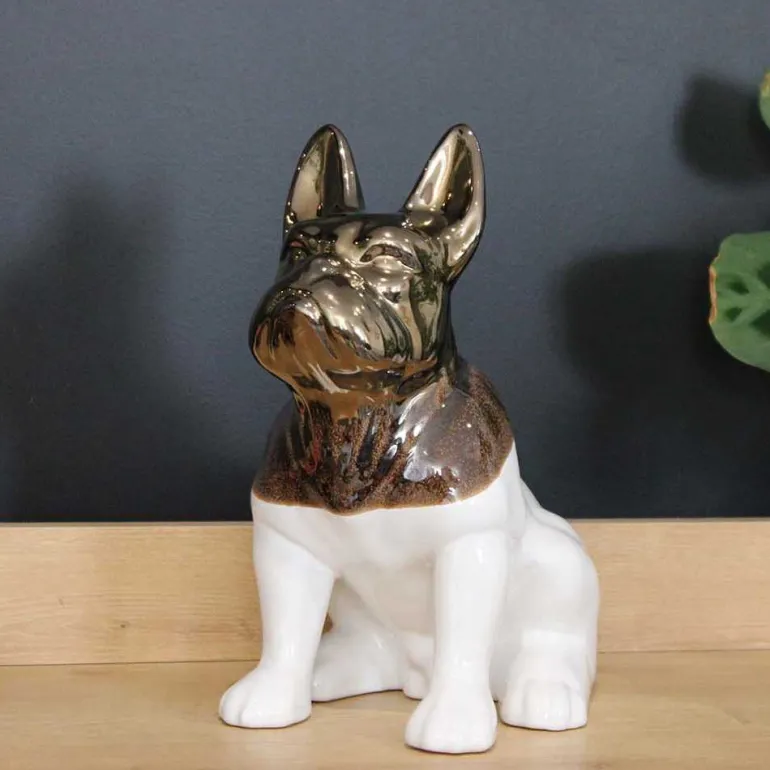 Statuette chien bouledogue en céramique Zoya (Blanc et or)