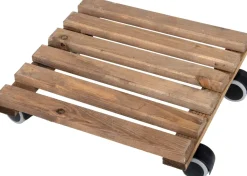 Support à roulettes en bois pour plantes d'intérieur (Carré - Teinté marron)