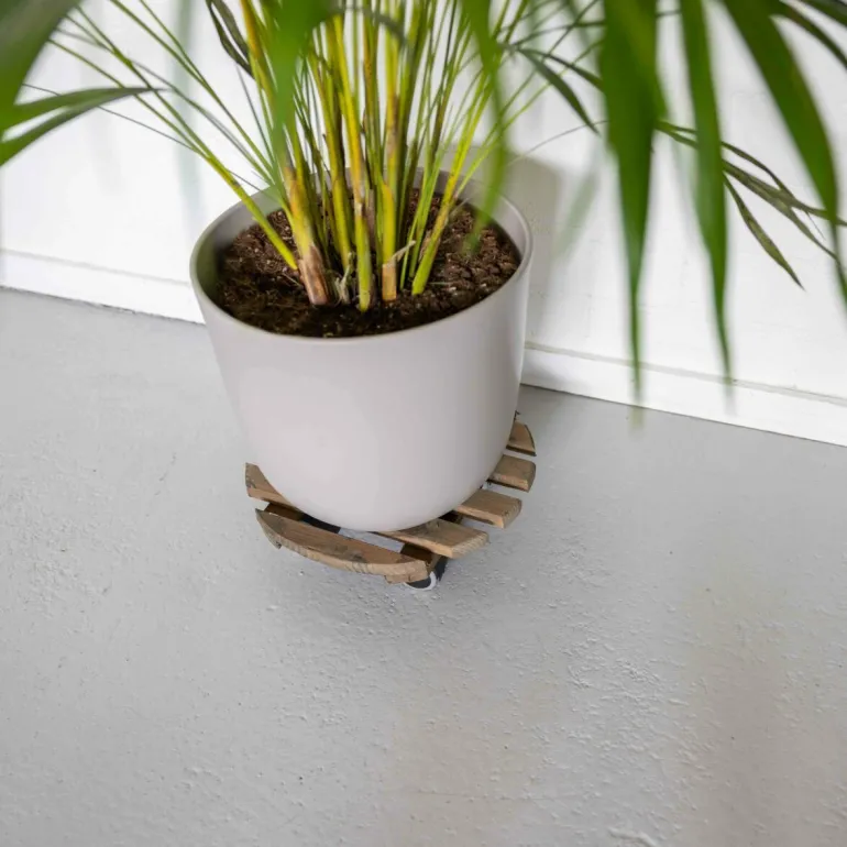 Support à roulettes en bois pour plantes d'intérieur (Rond - Teinté marron)