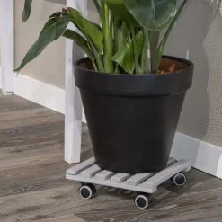 Support à roulettes en bois pour plantes d'intérieur (Carré - Gris)