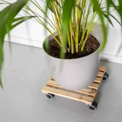 Support à roulettes en bois pour plantes d'intérieur (Carré - Naturel)