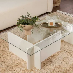 Table basse en verre et aggloméré Flavio (Blanc)