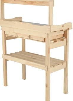 Table à rempoter en pin avec plateau zinc (3 tiroirs + étagère supérieure)