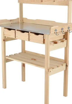 Table à rempoter en pin avec plateau zinc (3 tiroirs + étagère supérieure)