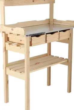 Table à rempoter en pin avec plateau zinc (3 tiroirs + étagère supérieure)