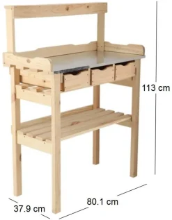 Table à rempoter en pin avec plateau zinc (3 tiroirs + étagère supérieure)