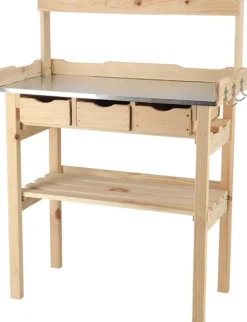 Table à rempoter en pin avec plateau zinc (3 tiroirs + étagère supérieure)