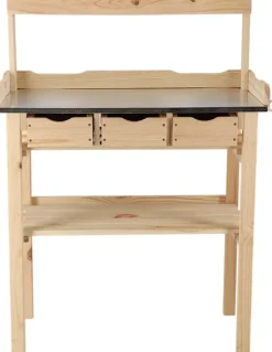 Table à rempoter en pin avec plateau zinc (3 tiroirs + étagère supérieure)