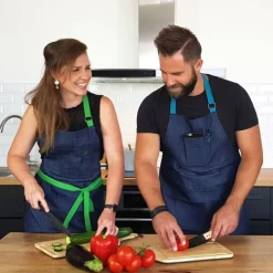 Tablier de cuisine unisexe en jean (Attaches vertes)