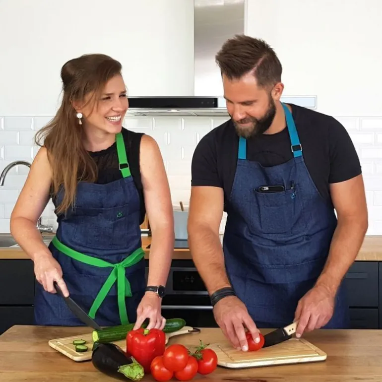 Tablier de cuisine unisexe en jean (Attaches vertes)