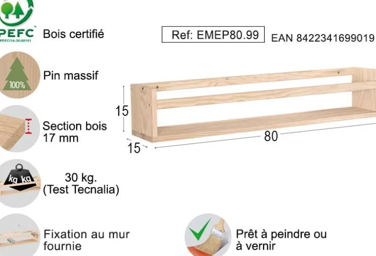 Étagère avec barre centrale en pin Kit Line (80 cm)